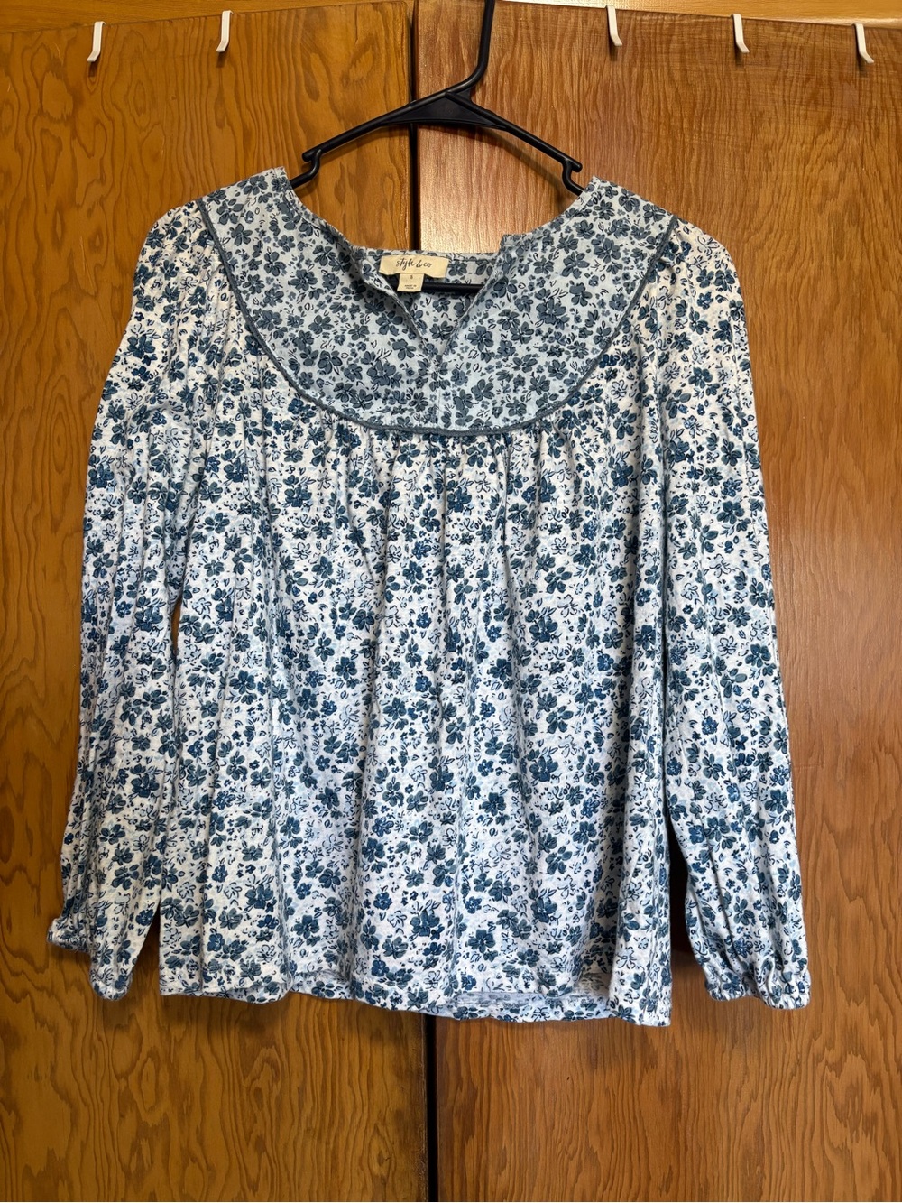 Style & Co. Blue Floral Long-Sleeve Peasant Blouse